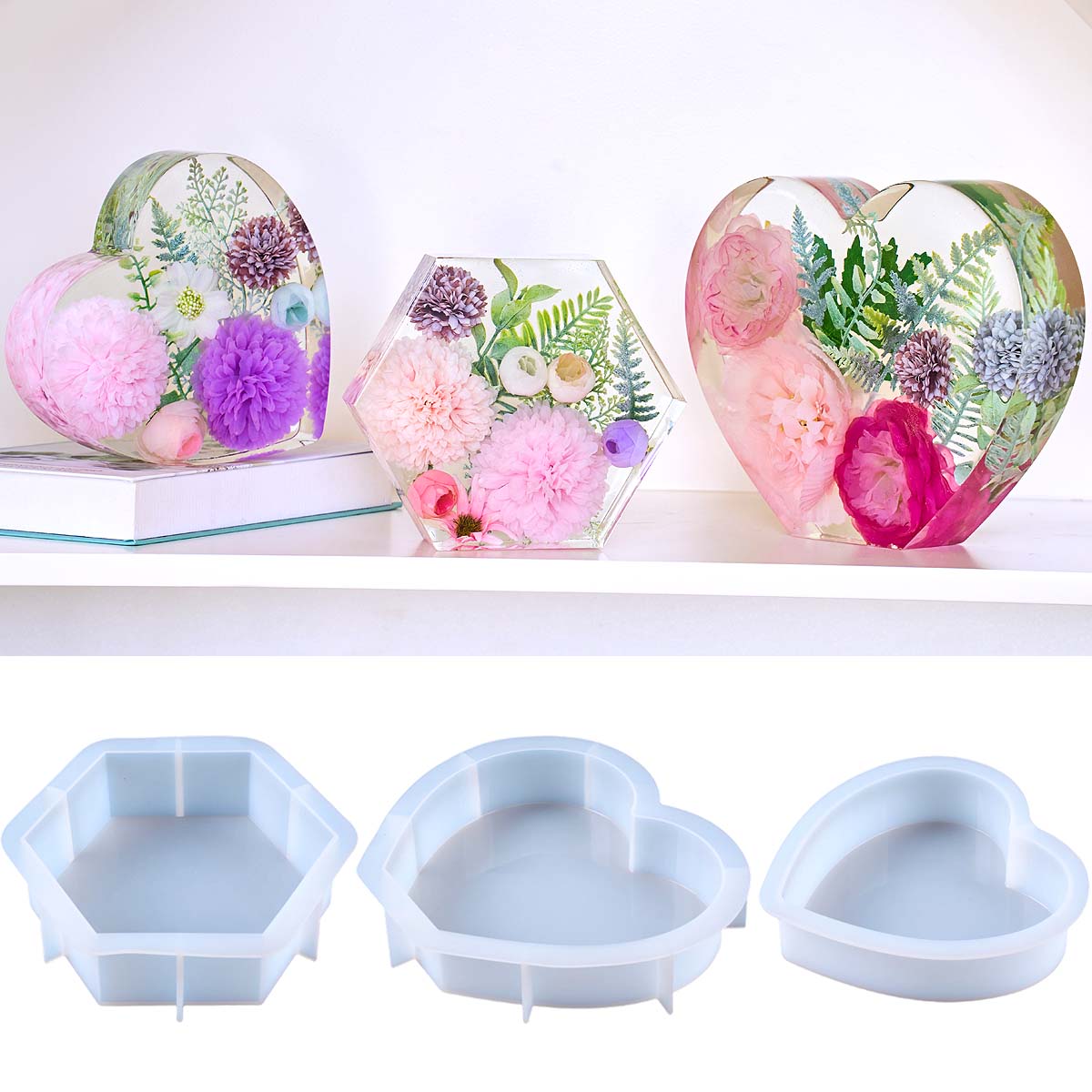 Resin Craft Ideas - 大型愛シリコンモールド DIY ハート六角形エポキシ樹脂モールド花保存ブックエンド装飾品クラフト鋳造金型