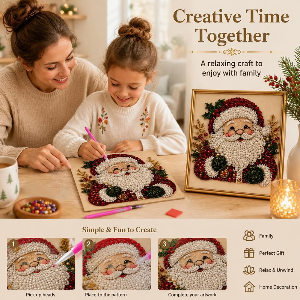 Resin Craft Kit - クリスマス サンタクロース パールアート DIYキット 額入りビーズ刺繍クラフト 壁飾り
