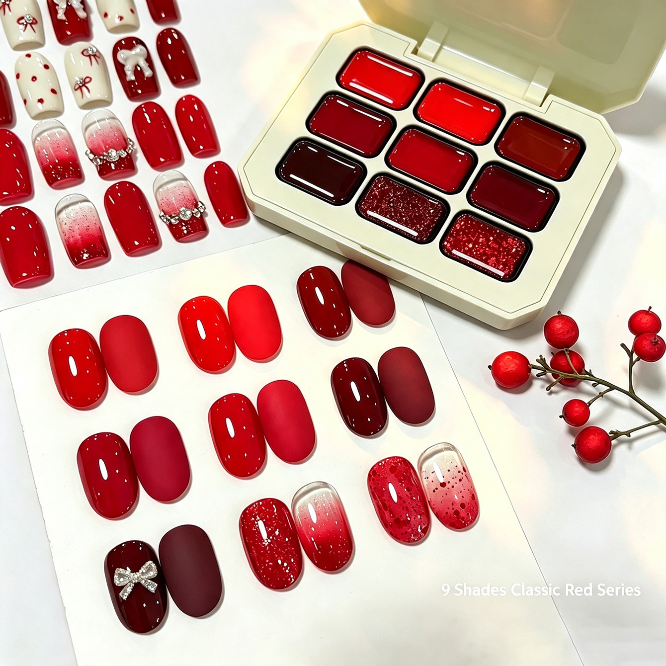 Resin Glitter Pack - 9色クラシックレッドソリッドネイルジェルパットパットジェル、クリスマス新年チェリーレッドグリッターネイルポリッシュセット（ネイルサロン向け）