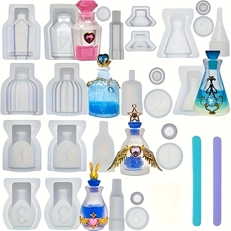 Resin Jewelry Kit - 5個セットの香水瓶型レジンシリコンモールド。レジンキャスティングキット、家の装飾、ジュエリーイヤリングや装飾品、デスクトップ装飾品に使用可能。初心者のDIYに適しており、上品でエレガント。