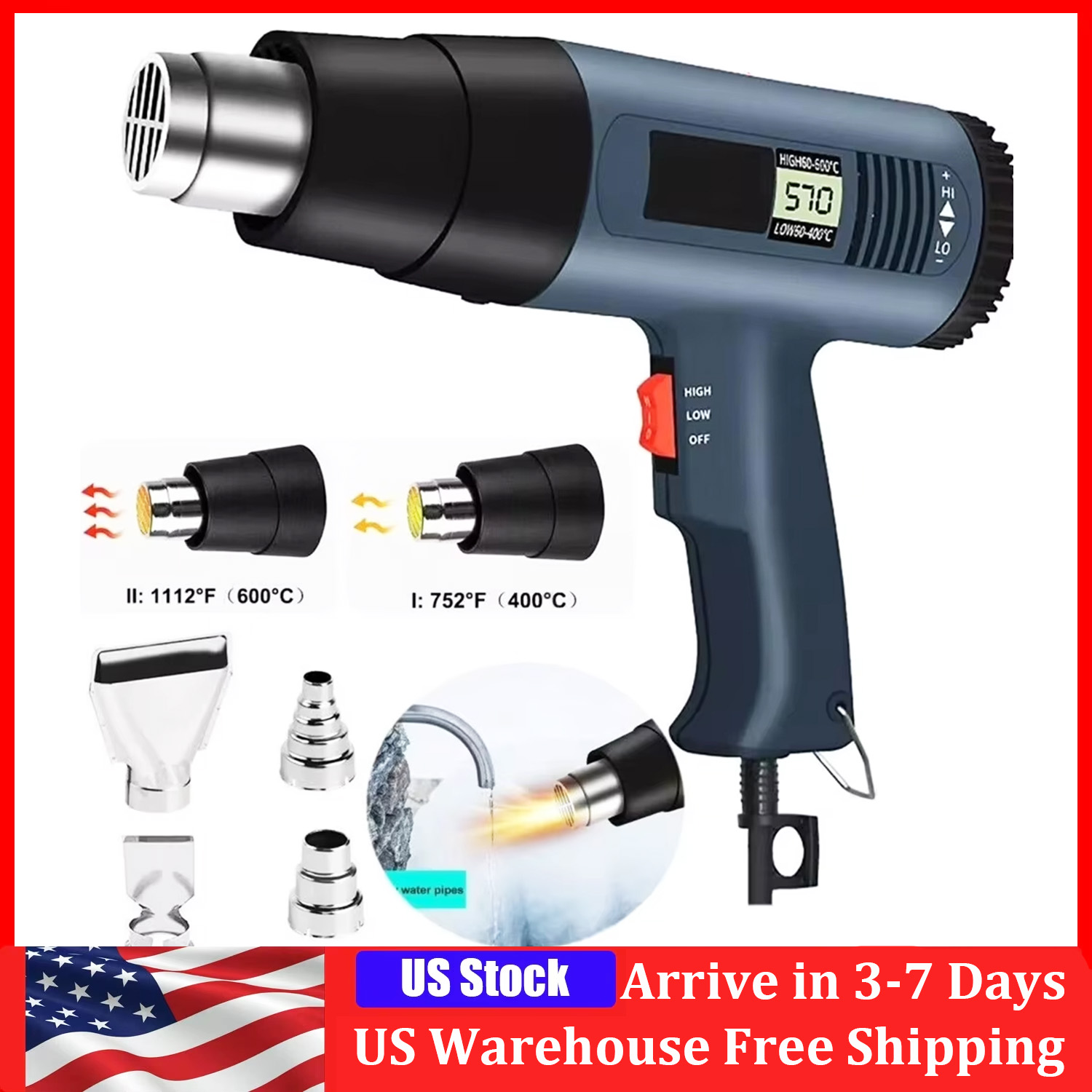 Heat Gun Small - 2000 ワット電気ヒートガン液晶ディスプレイ付き温度調節可能なヘアドライヤーツールはんだ付け用熱送風機シュリンク包装