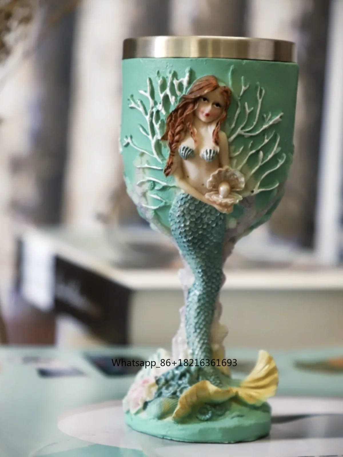 Resin Crafts - 三次元彫刻マーメイド手描き工芸ゴブレット樹脂製クリエイティブステンレス鋼ワイングラス外国貿易ウォーターカップ