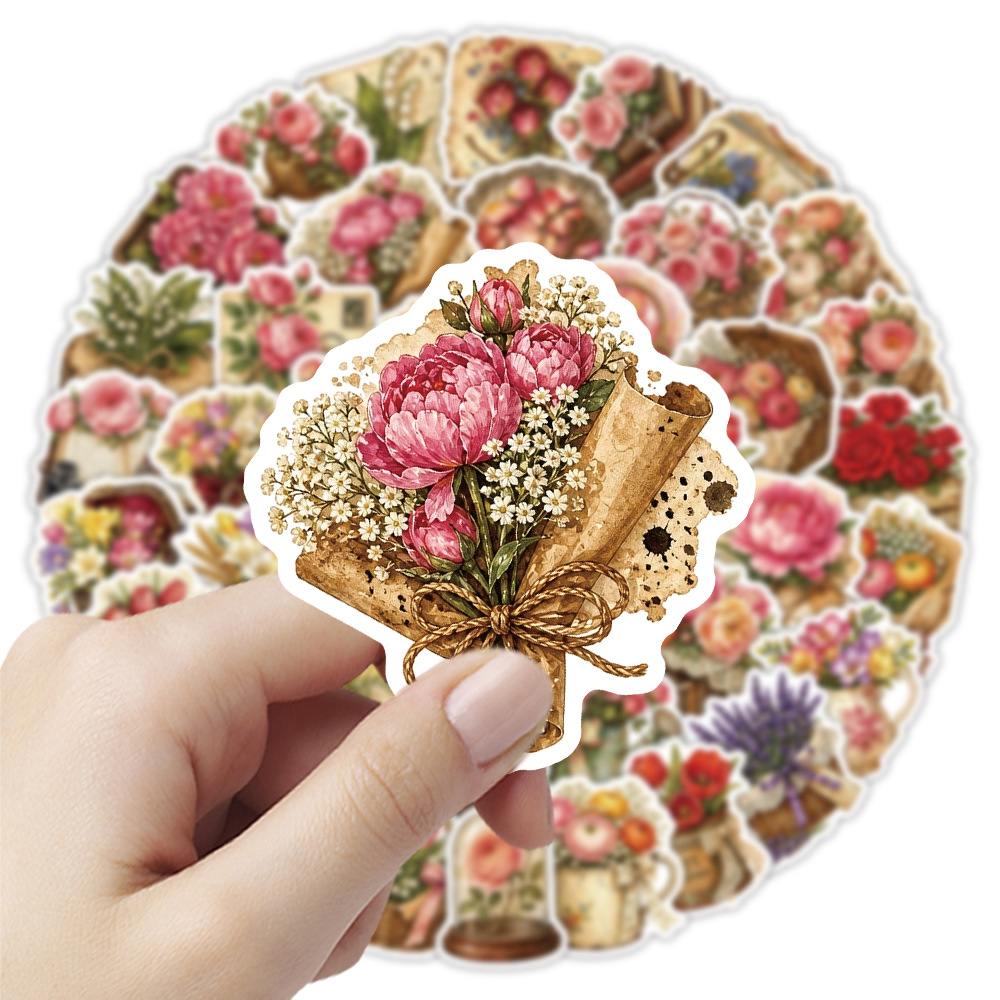 Dried Flower Bulk - 50 個ヴィンテージ花柄ステッカーレトロドライフラワーブーケデカール防水ジャーナルラップトップウォーターボトルスクラップブック DIY クラフト用